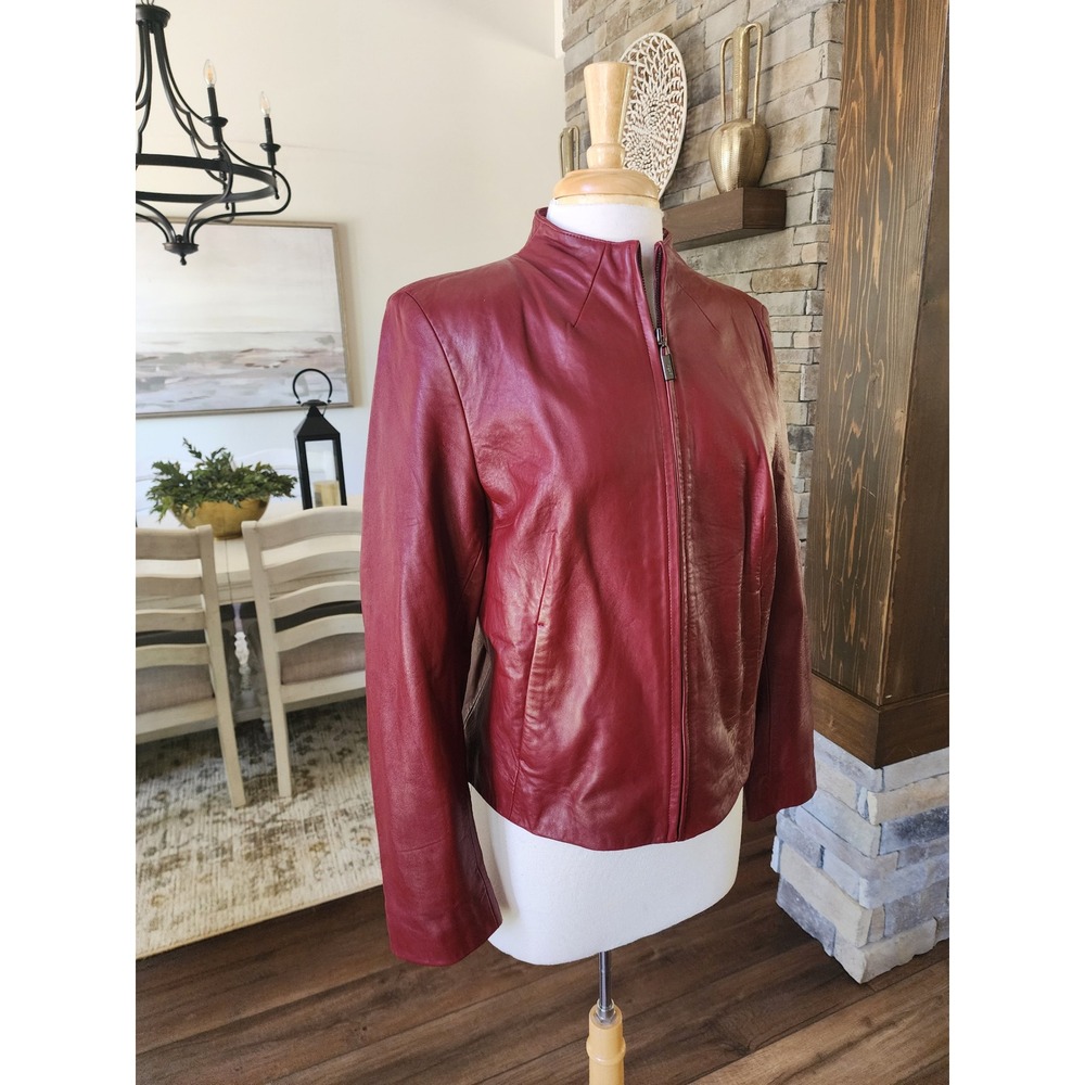 Womens Burgundy Red 100% Leather Full Zip Mock Neck Jacket Large Gameday Chic
